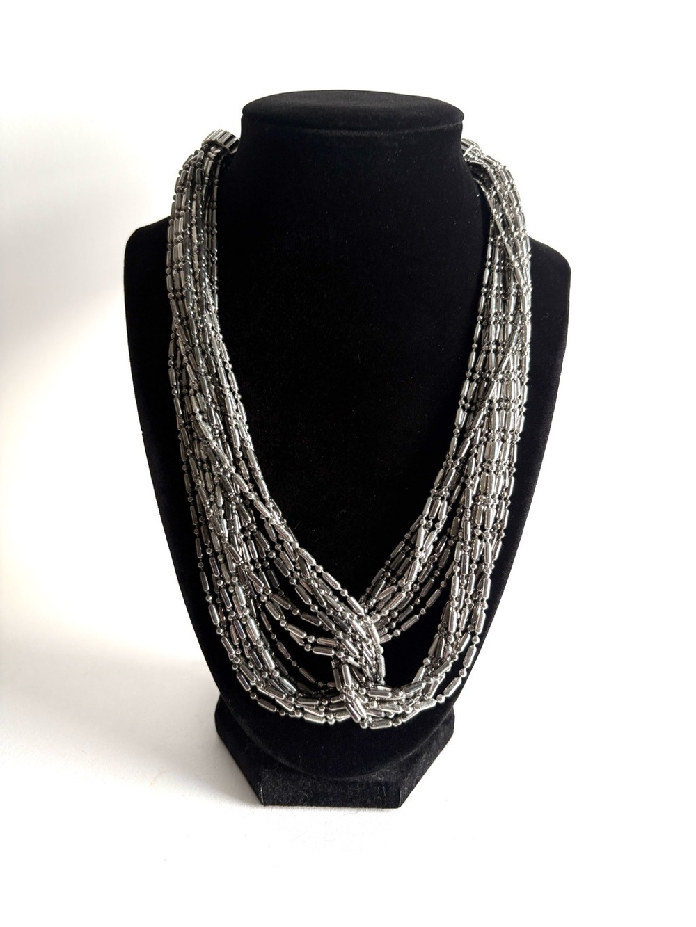 Silver Multi Strand Beaded Necklace Statement Women Jewelry